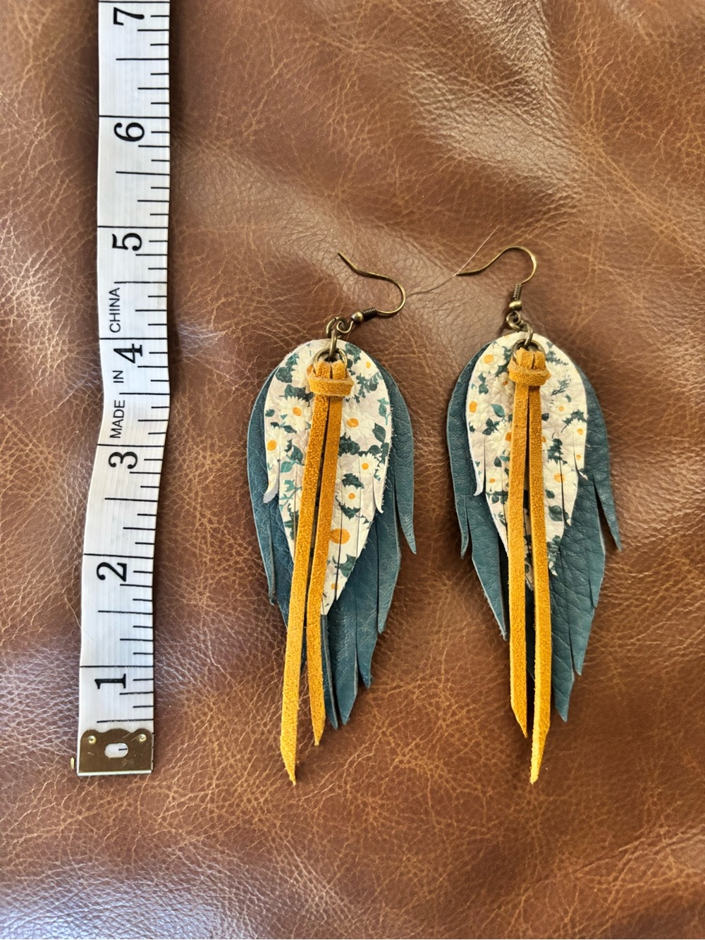 Boho Teal & Mustard Floral Layered Leather Feather Earrings